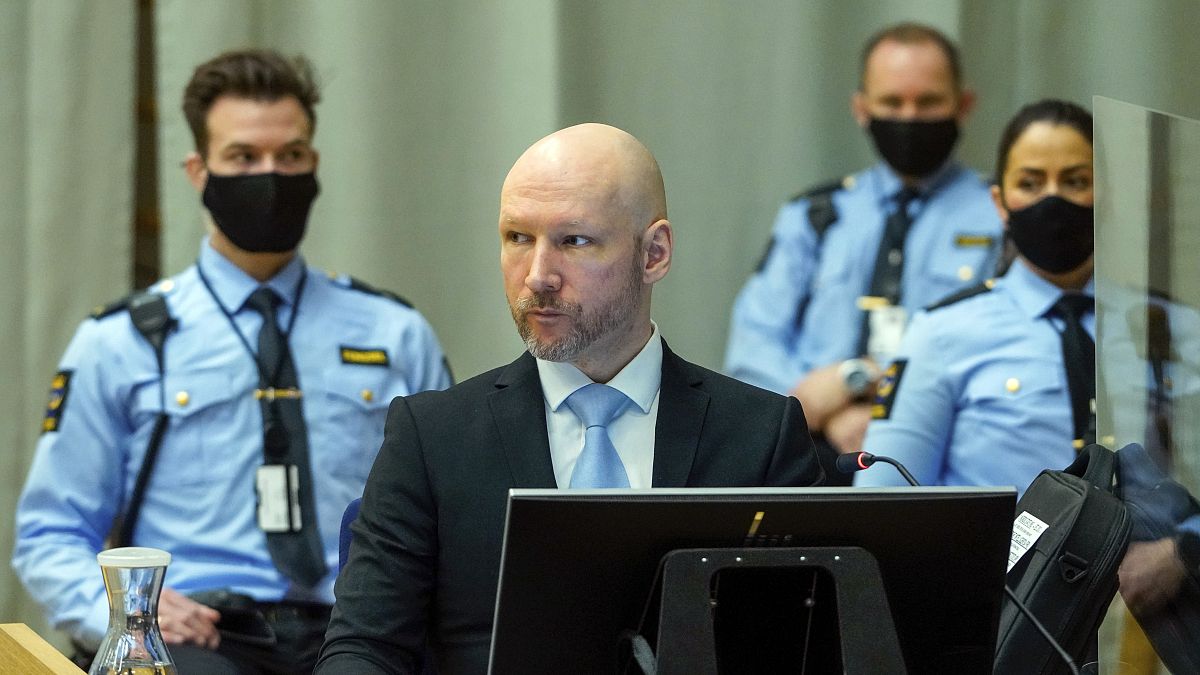 Norwegian mass killer Anders Behring Breivik sits in the makeshift courtroom in Skien prison, Norway, Wednesday, Jan. 19, 2022.