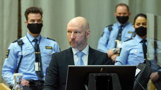 Norwegian mass killer Anders Behring Breivik sits in the makeshift courtroom in Skien prison, Norway, Wednesday, Jan. 19, 2022.