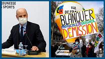 A g. : le ministre français de l'Education Jean-Michel Blanquer (Paris, le 12/01/2022) / A dr. : lors de la grève des enseignants (Paris, le 13/01/2022)