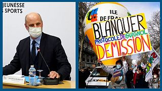 A g. : le ministre français de l'Education Jean-Michel Blanquer (Paris, le 12/01/2022) / A dr. : lors de la grève des enseignants (Paris, le 13/01/2022)