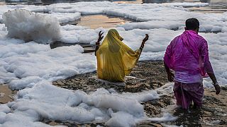 Hindistan'ın Yeni Delhi şehrinde kimyasal köpükle kaplı Yamuna nehrinde ritüel gerçekleştiren insanlar