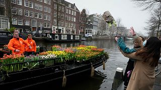 The vessel meandered through Amsterdam's waterways, handing out free bouquets to members of the public