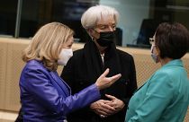 Spain's Economy Minister Nadia Calvino, left, speaks with Luxembourg's Finance Minister Yuriko Backes, right, and European Central Bank President Christine Lagarde.
