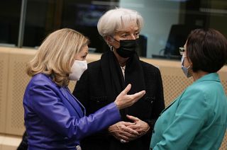 Spain's Economy Minister Nadia Calvino, left, speaks with Luxembourg's Finance Minister Yuriko Backes, right, and European Central Bank President Christine Lagarde.
