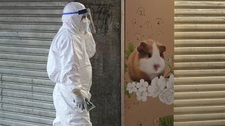 A staffer from the Agriculture, Fisheries and Conservation Department walks past a pet shop which was closed after some pet hamsters tested positive for COVID, in Hong Kong.