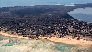 Volcanic ash covers roof tops and vegetation in an area of Tonga, Monday, 17 January 2022.