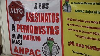 Pancarta mostrada por los participantes en la protesta de periodistas. Tijuana, México