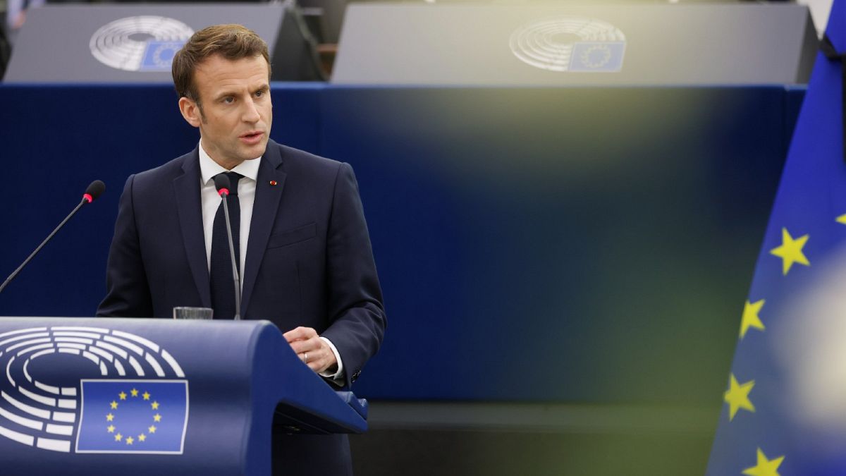 France's President Emmanuel Macron delivers a speech during a tribute to the late EU Parliament President David Sassoli at the European Parliament, in Strasbourg, Jan 17, 2022