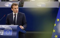 France's President Emmanuel Macron delivers a speech during a tribute to the late EU Parliament President David Sassoli at the European Parliament, in Strasbourg, Jan 17, 2022