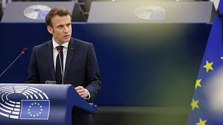 France's President Emmanuel Macron delivers a speech during a tribute to the late EU Parliament President David Sassoli at the European Parliament, in Strasbourg, Jan 17, 2022