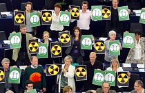 Green parties members of the European Parliament protest with anti-nuclear posters