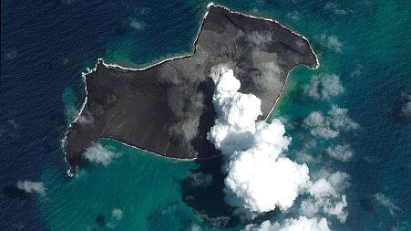 This satellite image provided by Maxar Technologies shows an overview of Hunga Tonga Hunga Ha'apai volcano in Tonga .