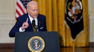 President Joe Biden speaks during a news conference in the East Room of the White House in Washington, Jan. 19, 2022.