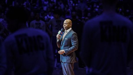 New York City mayor Eric Adams speaks at a Martin Luther King Jr. Day ceremony before tipoff of NBA basketball game, Jan. 17, 2022.