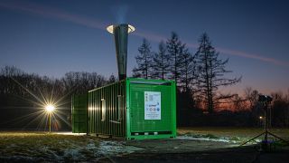 A "cannon" that uses soundwaves to push toxic particles higher into the atmosphere to allow residents to breathe is pictured in Kalwaria Zebrzydowska, Poland, January 19, 2022