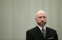 Convicted mass murderer Anders Behring Breivik looks on during the last day of his appeal case in Borgarting Court of Appeal at Telemark prison in Skien, Norway, Jan. 18, 2017