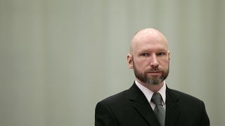 Convicted mass murderer Anders Behring Breivik looks on during the last day of his appeal case in Borgarting Court of Appeal at Telemark prison in Skien, Norway, Jan. 18, 2017