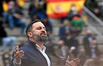 Leader of the far-right party Vox, Santiago Abascal gives a speech during a campaign meeting at the bullring in San Sebastian de los Reyes, near Madrid, on April 24, 2021