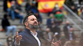 Leader of the far-right party Vox, Santiago Abascal gives a speech during a campaign meeting at the bullring in San Sebastian de los Reyes, near Madrid, on April 24, 2021