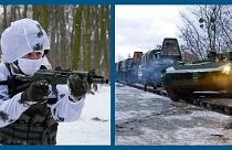 A g. : entrainement de volontaires à Kiev, pour étoffer l'armée ukrainienne (22/01/2022) - A dr. : un char russe acheminé par train au Bélarus (19/01/2022)