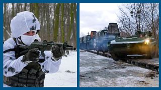A g. : entrainement de volontaires à Kiev, pour étoffer l'armée ukrainienne (22/01/2022) - A dr. : un char russe acheminé par train au Bélarus (19/01/2022)