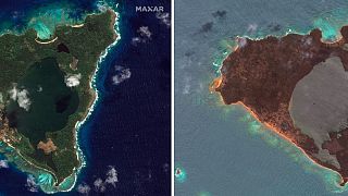 Satellite images from Maxar Technologies show Nomuka in the Tonga island group on Aug. 17, 2020, L, and Jan. 20, 2022, R, showing the damage after the Jan. 15 eruption.