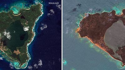 Satellite images from Maxar Technologies show Nomuka in the Tonga island group on Aug. 17, 2020, L, and Jan. 20, 2022, R, showing the damage after the Jan. 15 eruption.