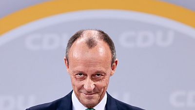 Christian Democratic Party (CDU) designated Chairman Friedrich Merz looks into the camera during a virtual party congress at the party headquarters, in Berlin, Jan. 22, 2022.