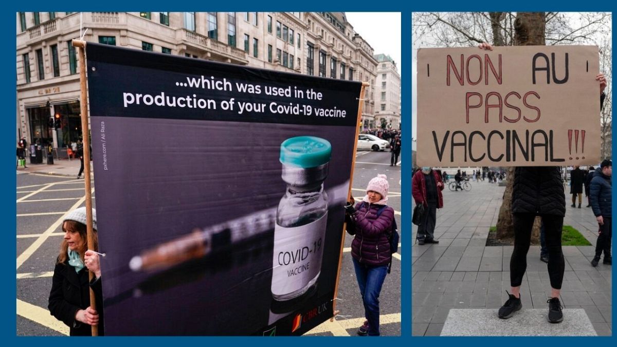 A g. : manif anti-vaccin à Londres, le 22/01/2022 / A dr. : manif anti-pass vaccinal à Paris, le 22/01/2022