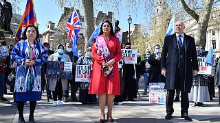 UK Conservative Party MP Nusrat Ghani (C) at a pro-Uighur protest over alleged persecution of China's Muslim minority before a vote in parliament, London, April 22, 2021.