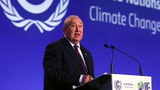 Armenian President Armen Sarkissian speaks during the UN Climate Change Conference COP26 in Glasgow, Scotland, Tuesday, Nov. 2, 2021.