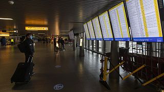 A traveller wearing a face mask checks the flight departures at Schiphol Airport, near Amsterdam, Netherlands