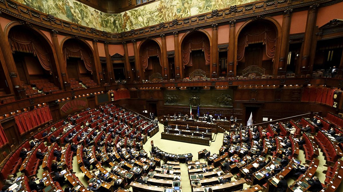 Italian Premier Minister Mario Draghi addresses the Senate in Rome in 2021