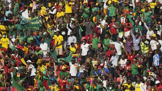 Fans reacts after Cameroon's captain Vincent Aboubakar, scored his team's first goal, during the African Cup of Nations at the Olembe stadium in Yaounde, Cameroon.