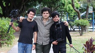 Armando Rodriguez, Fabio Rivas and Victor Canacas, co-founders of Astrálabe pose on shoot in San Salvador, El Salvador
