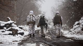 Ukrainian soldiers walks at the line of separation from pro-Russian rebels near Katerinivka, Donetsk region, Ukraine, 7 December 2021.