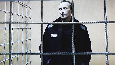 Alexei Navalny speaks from a prison via a video link during a court in session in Petushki last week.