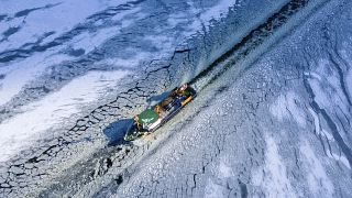 The Goermitz is underway as an icebreaker on the northern Peene River between the mainland and the island of Usedom near Karlshagen, Germany, Friday, Feb. 12, 2021.