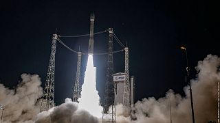 European Vega rocket flight VV18, lifting off from its launchpad in Kourou, at the European Space Center in French Guiana