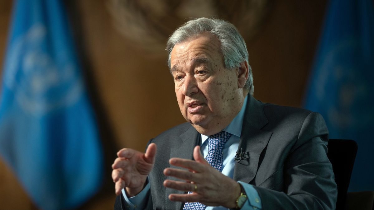 United Nations Secretary-General Antonio Guterres speaks during interview at the UN Headquarters, Jan. 20, 2022, in New York.