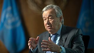 United Nations Secretary-General Antonio Guterres speaks during interview at the UN Headquarters, Jan. 20, 2022, in New York.