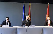 Deputy PM Dritan Abazović, prime minister Zdravko Krivokapić, and speaker of the parliament Aleksa Bečić at a press conference after deciding on the government in Podgorica