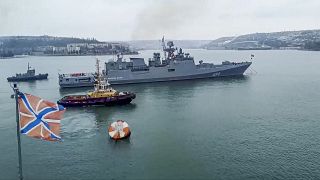 The Russian navy's frigate Admiral Essen prepares to sail off for an exercise in the Black Sea on Jan. 26, 2022.