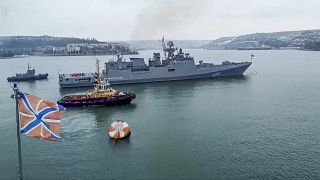 The Russian navy's frigate Admiral Essen prepares to sail off for an exercise in the Black Sea on Jan. 26, 2022. 