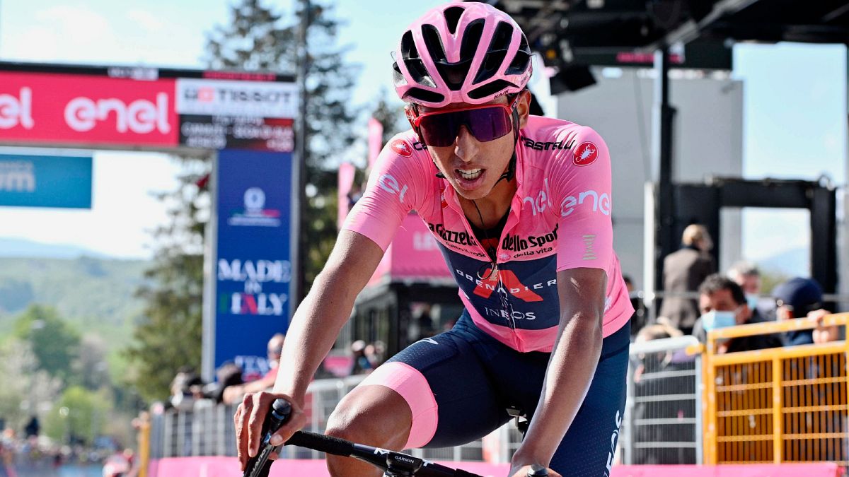 Colombia's Egan Bernal after completing the 17th stage of the Giro d'Italia cycling race, from Canazei to Sega Di Ala, Italy, May 26, 2021. 