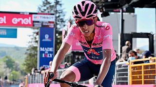 Colombia's Egan Bernal after completing the 17th stage of the Giro d'Italia cycling race, from Canazei to Sega Di Ala, Italy, May 26, 2021. 