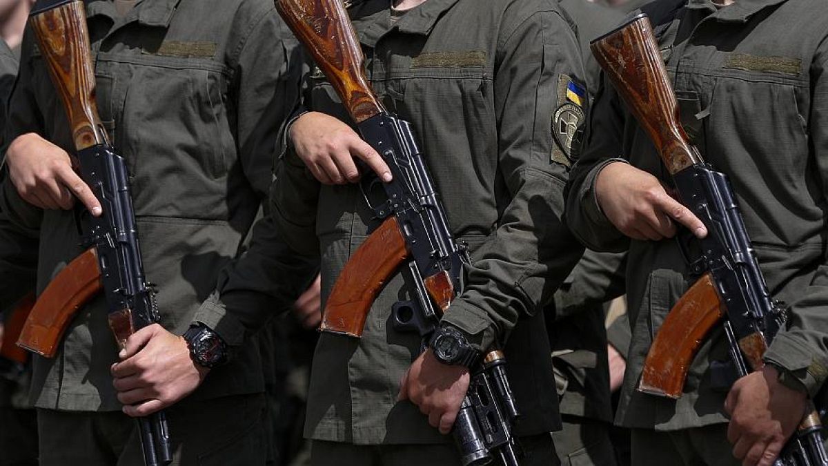 Mitglieder der Nationalgarde, ein Reserveverband der ukrainischen Streitkräfte. Sie wurde 2014 wieder neu gegründet.