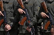 Mitglieder der Nationalgarde, ein Reserveverband der ukrainischen Streitkräfte. Sie wurde 2014 wieder neu gegründet.