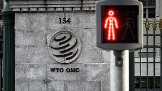 A red traffic light next to the entrance of the World Trade Organization headquarters