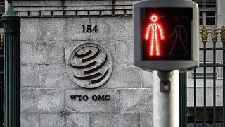 A red traffic light is seen next to the entrance of the World Trade Organization (WTO) headquarters 